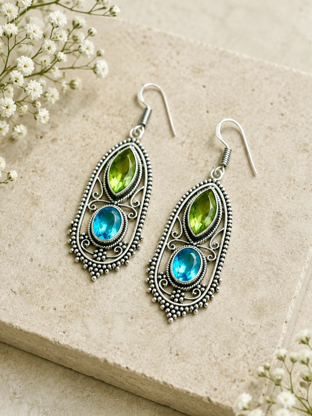 Blue Topaz & Peridot 2.2” Silver Dangle Earrings